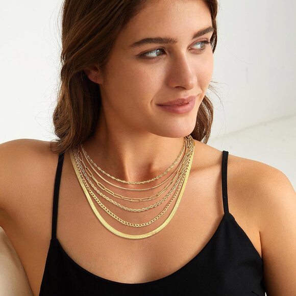Gold Layered Necklace Set for Women Herringbone Snake Paperclip Chain Jewelry - Picture 2 of 7